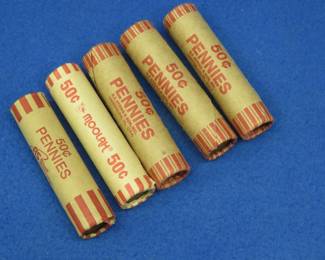 Lot 380. Five rolls of Wheat Pennies, rolled by the consignor with unknown dates.