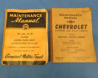 Lot 332. Two 1942 US Army vehicle maintenance manuals. 2 1/2 ton 6 x 6 and a 1 1/2 ton 4 x 4.