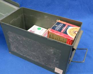 Lot 149. 87 mixed 20-gauge rounds in a metal ammo can