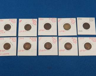 Lot 370. Ten Indian Head pennies: Four 1901. Three 1902. Two 1903. One 1905.