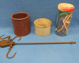 Lot 312. Vintage Roman steelyard scale, bungee cords, and two crocks in as-is condition