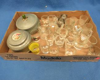 Lot 376. Shot glass collection and two working powder makeup jar/music boxes