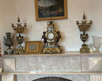 Bronze mantle clock and pair candelabras 