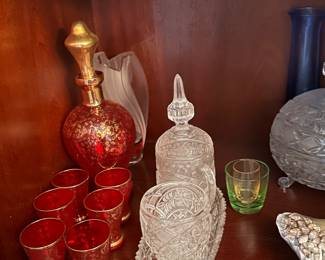 Moser glass decanter with matching shots