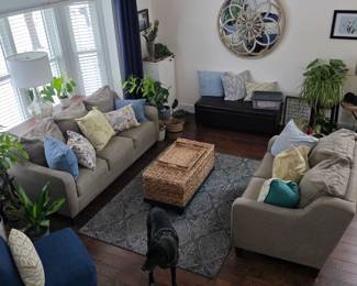 Matching LazyBoy couches; do not open up, Blue chair, pillows, middle table opens for storage