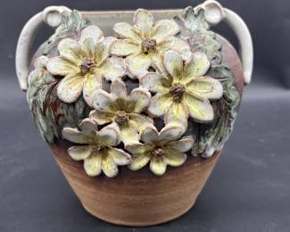 Signed Studio Pottery Vase w/ Applied Flowers