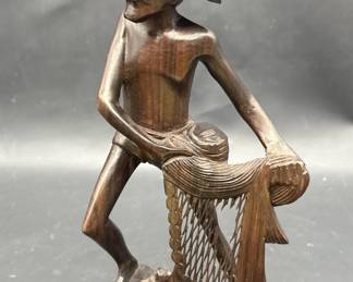 Asian Carved Exotic Wood Fisherman Figurine