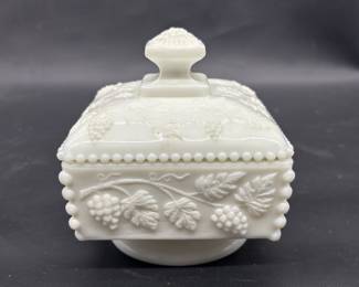 White Milk Glass Footed Square Powder Box & Lid