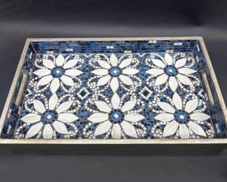 Mosiac Blue & White Tile & Silver Color Sides Tray