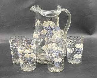 Vintage Thumbprint Pitcher Set w/ Painted Flowers
