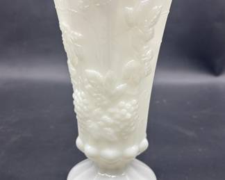 White Milk Glass Footed Flower Vase, Scalloped Rim