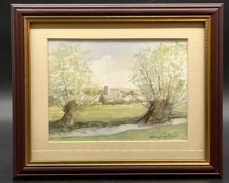 Signed & Framed Watercolor of Rural Farm Scene
