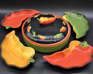 Clay Art Lidded Pepper Bowl w/ 4 Surrounding Trays