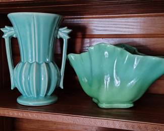Amazing turquoise mc coy and roseville pottery.
