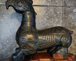 Rare mid century modern artist made Chinese griffin table lighter and cigar case with copper / bronze .