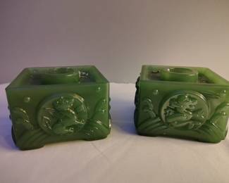 Carved Chinese jade green  candlestick holders.