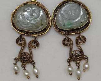 Antique chinese gold leaf over silver filigree carved jade and pearl earrings.
