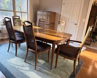 mid-century danish, dining suit table with six chairs, two additional chairs
Table with six chair chairs  1000.00
chairs 6 Chairs so separately $500
table with additional leaves and padded cover 500