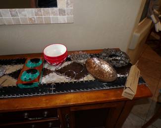 Pewter items. Leather Runner.