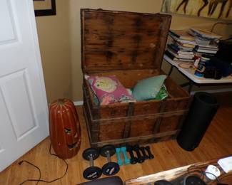 Trunk, Pillows, Ceramic Jack O Lantern. Weights