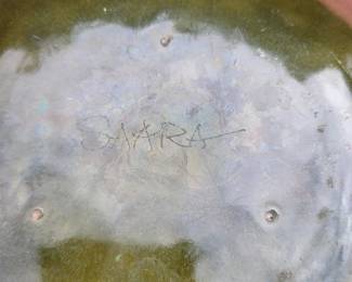 Reverse of the plate showing Saara Hopea's diamond-point engraved signature "Saara" on the copper base. Classic authentication for her handmade 1960s–1970s enamel works. Excellent vintage condition.