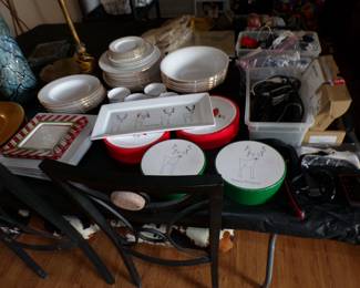 Christmas dishware. Various cords and cables.
