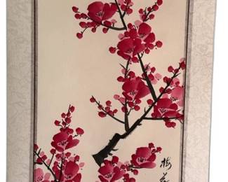 ‘Red Plum Blossoms‘ (11.5” x 34”) Original Asian Landscape Scroll Painting on Silk