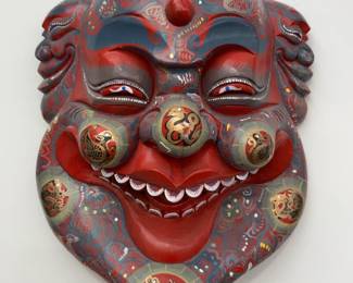 16” Chinese Laughing Buddha Festival Mask, Polychrome Wood