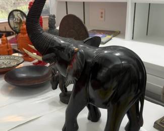 25” Chinese Hand-Carved Solid Ebony Wood Elephant Statue with Raised Trunk - Mid-Late 20th Century