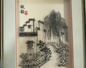 Framed Asian Landscape 3D Diorama Art with Willow Tree
