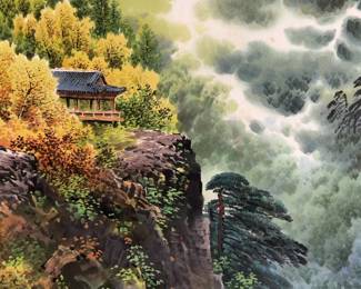 (29” x 74”) Original East Asian Mountain Landscape Painting with Calligraphy on Silk Scroll