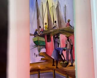 Cupidon Rodrigue 2004 Original Painting - Haitian Harbor Scene (10” x 30”)