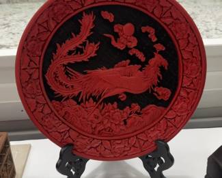 12” Chinese Cinnabar Style Carved Plate with Phoenix Motif