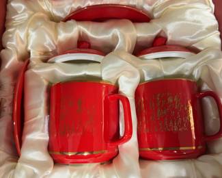 Red Chinese Porcelain Tea Mugs Set with Lids and Saucers - Gold Calligraphy Design Collectors Kit