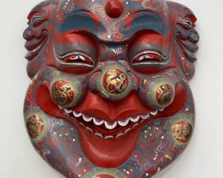 16” Chinese Laughing Buddha Festival Mask, Polychrome Wood