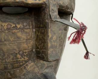 15” West African Ritual Mask with Horned Headdress From Mali / Guinea Coast Region, Mid-20th Century, Marka Style Brass-Plated