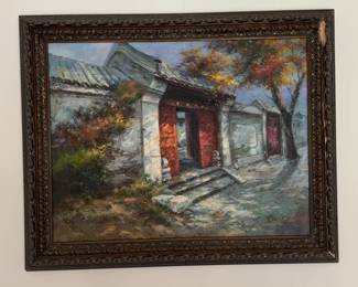 Framed Impressionist Style Oil Painting of Asian Courtyard Entrance (47” x 36”)