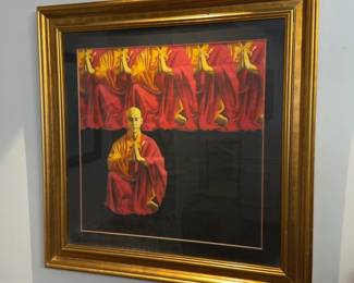 Original Framed Painting of Buddhist Monks in Saffron Robes (43” x 43”)