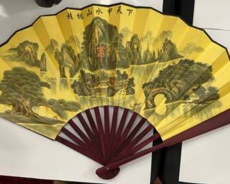 22” Large Yellow Decorative Folding Hand Fan with Traditional Chinese Landscape