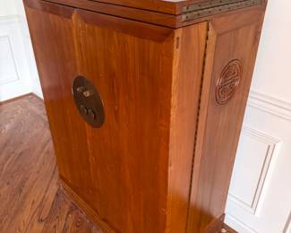 (CLOSED) One of a kind- Custom Handmade “Prosperity & Longevity” Chinese Mid-Century Modern Chinoiserie Dresser by Michael Taylor for Baker Furniture - Expandable Solid Wood Bar Cabinet with Wine Storage - 19” deep x 49” tall x 35” (closed) / 70” (open) wide