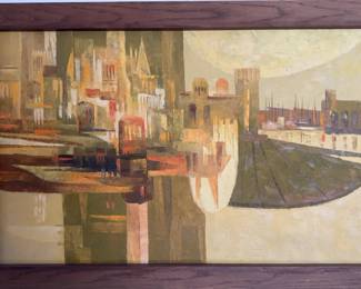 Original Painting by Cyrus Running - Mid-Century Style Abstract Cityscape Painting in Wood Frame (47” x 29”)