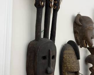 West African Ritual Mask - 26” Mali Bamana (Bambara) Tribal Mask with Three Prongs & Cowrie Shells, Mid-Century