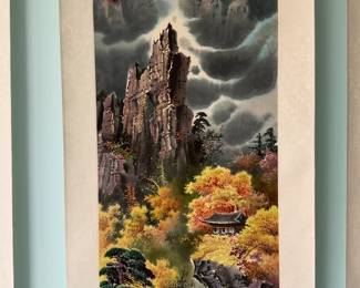 ‘Fall’ (16” x 65”) Original Asian Landscape Scroll Painting on Silk with Mountains and Pine Trees