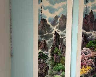 ‘Spring’ (16” x 65”) Original Asian Landscape Scroll Painting on Silk with Mountains and Pine Trees