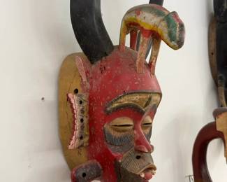 Ceremonial Red Horn Mask from Côte d’Ivoire (Ivory Coast) / Burkina Faso - 24” Mid-20th Century Handmade Tribal Mask