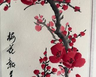 ‘Red Plum Blossoms‘ (9.5” x 34”) Original Asian Landscape Scroll Painting on Silk