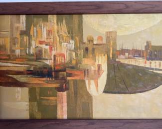 Original Painting by Cyrus Running - Mid-Century Style Abstract Cityscape Painting in Wood Frame (47” x 29”)