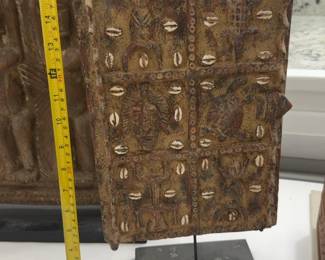 16” African Wooden Stone Panel with Cowrie Shells - Tribal Wall Art