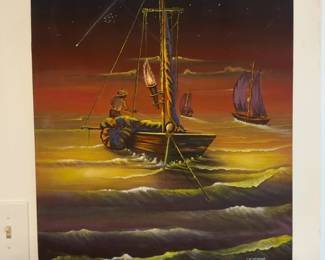 20” x 24” Original Painting by Désamour Morose, 2004. Haitian Art Painting: Night Seascape with Fishing Boats