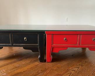 Set of 2 Asian Style Black and Red Lacquer Low Tables with Drawers and Glass Top (63” x 31” x 18”)